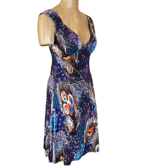 Colorful Novelty Peacock Print Slinky Sleeveless Dress Cutout Back S/M 75S - Picture 3 of 5